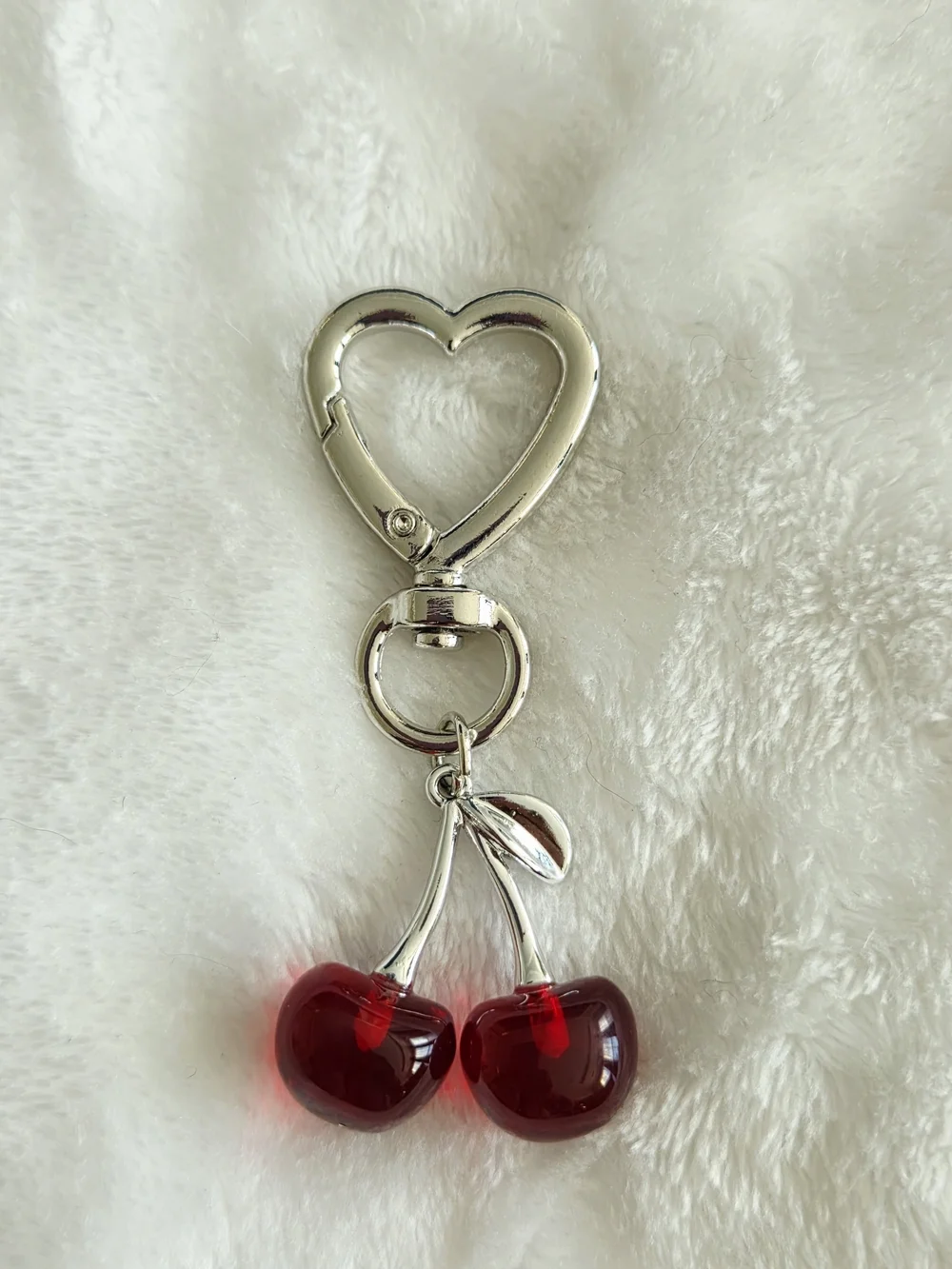 Silver Heart Keychain with Red Cherry Bag Charm Beautifu Fruit Purse Charm